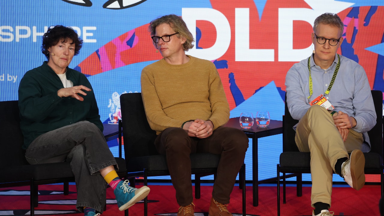 Petra Schwille (Max Planck Institute of Biochemistry), Cyriac Roeding (Earli) and Simon Jacob (Technical University of Munich (TUM)) on stage at the DLD Munich 2026 conference. Credit: Karl-Josef Hildenbrand / picture alliance for DLD / Hubert Burda Media