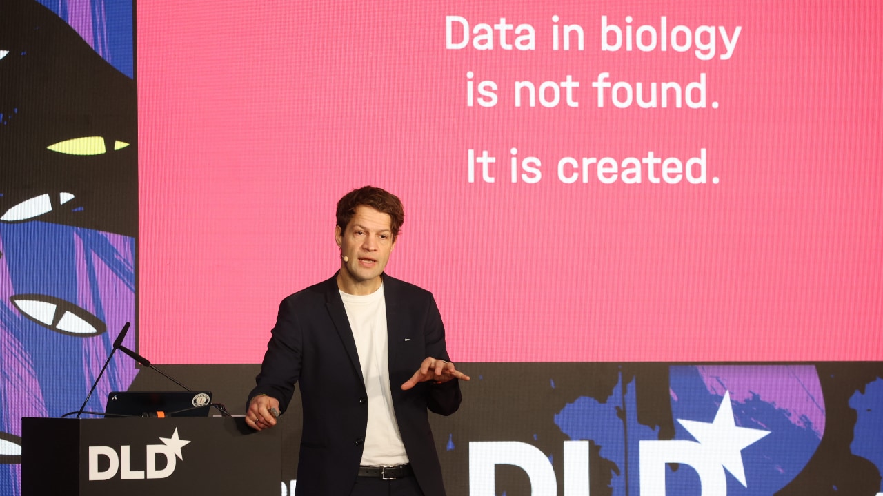 Fabian Theis (Helmholtz Munich/Bavarian AI Council) speaking at the DLD Munich 2026 conference. Credit: Karl-Josef Hildenbrand / picture alliance for DLD / Hubert Burda Media