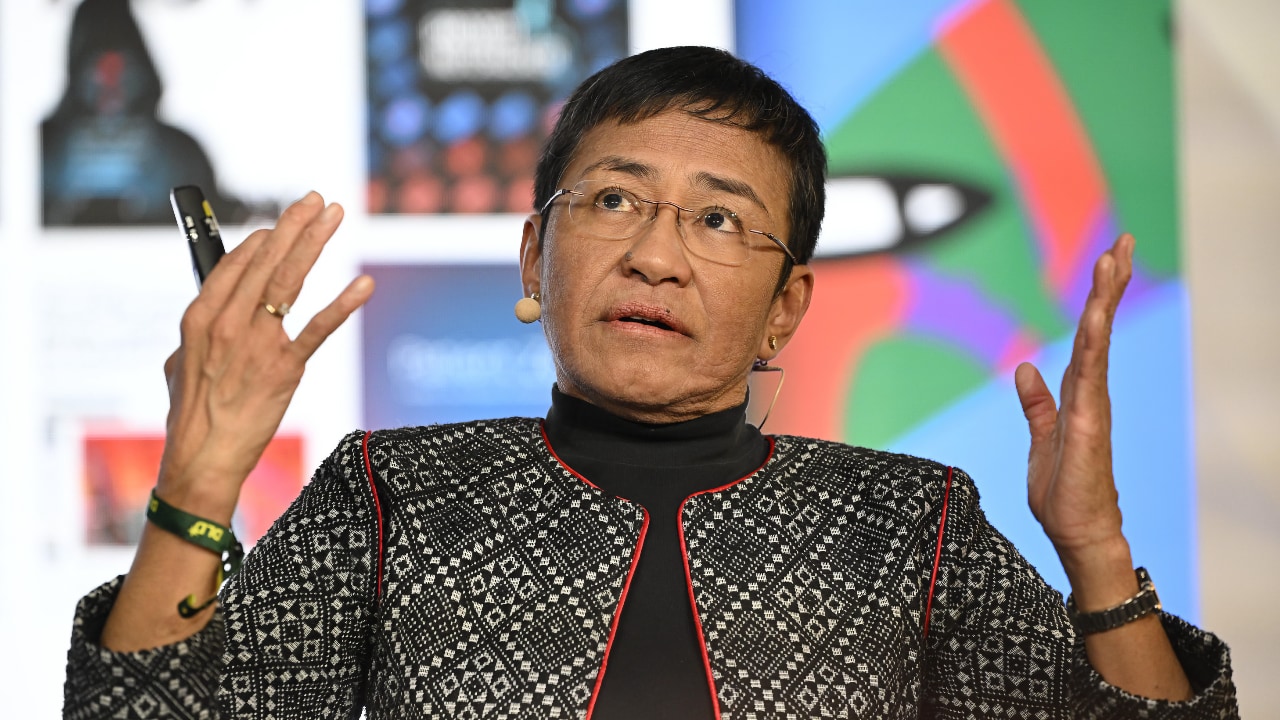 Nobel Preace Prize laureate Maria Ressa, speaking at the DLD Munich 2026 conference. Credit: Sebastian Gabriel / picture alliance for DLD / Hubert Burda Media