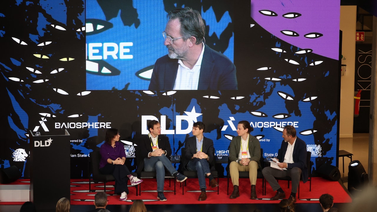 Left to right: Jacqueline Lammert (Technical University of Munich (TUM)), Andreas Maier (Friedrich Alexander University Erlangen), Pierre Manceron (Raidium), Max Tschochohei (Google) and Ralf Huss (BioM) on stage at the DLD Munich 2026 conference. Credit: Karl-Josef Hildenbrand / picture alliance for DLD / Hubert Burda Media