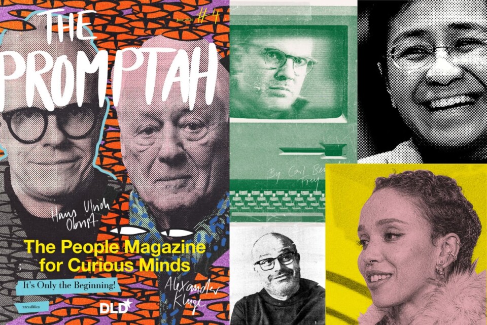 Image collage showing the cover of DLD magazine &ldquo;The Promptah&rdquo;, issue 4, with Alexander Kluge, Hans Ulrich Obrist, Maria Ressa, Carl Benedikt Frey, FKA Twigs, and Father Paolo Benanti
