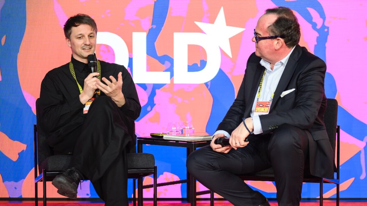 Lutz Leichsenring (Vibelab) and Clemens Baumgaertner (CSU) on stage at the DLD Munich Conference 2026. Photo: Philipp Guelland for DLD / Hubert Burda Media