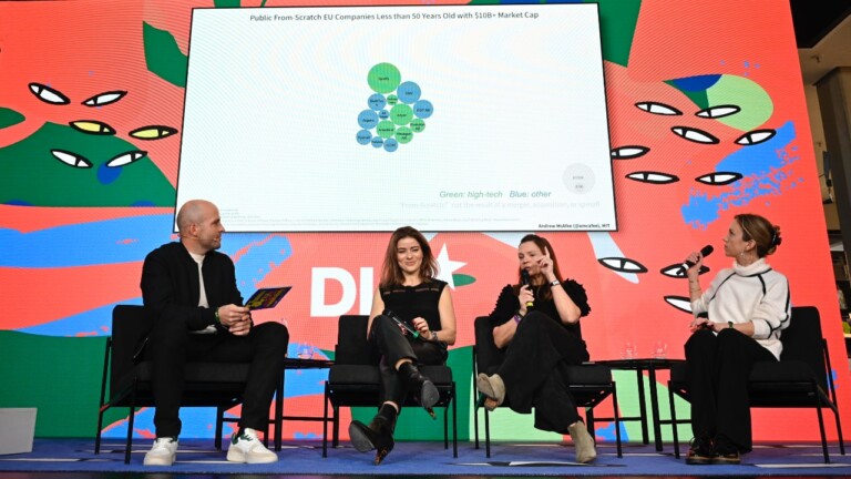 Max Laemmle (MaxAllocation), Evgenia Plotnikova (Dawn Capital), Marie-Helene Ametsreiter (Speedinvest) and Lina Wenner (firstminute capital) on stage at the DLD Munich Conference 2026. Photo: Sebastian Gabriel / picture alliance for DLD / Hubert Burda Media
