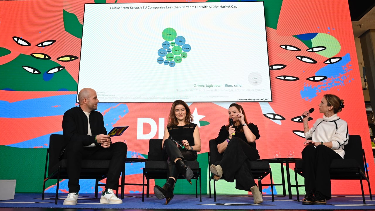 Max Laemmle (MaxAllocation), Evgenia Plotnikova (Dawn Capital), Marie-Helene Ametsreiter (Speedinvest) and Lina Wenner (firstminute capital) on stage at the DLD Munich Conference 2026. Photo: Sebastian Gabriel / picture alliance for DLD / Hubert Burda Media