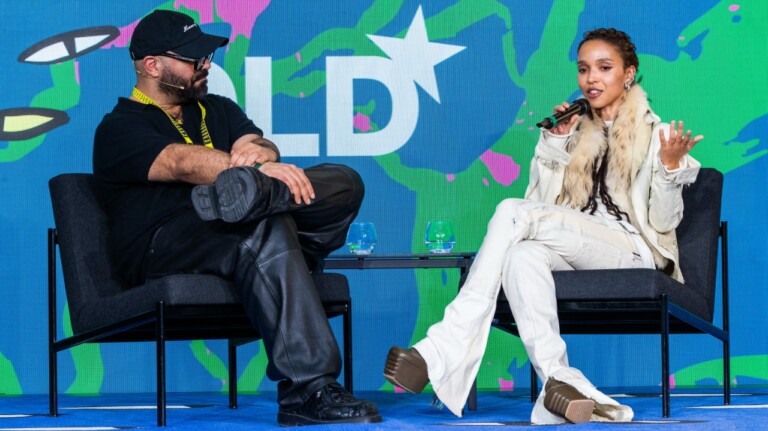 Grammy-winning musician FKA twigs on stage with Mumi Haiati (Reference Studios) at the DLD Munich Conference 2026. Photo: Enno Kapitza for DLD / Hubert Burda Media