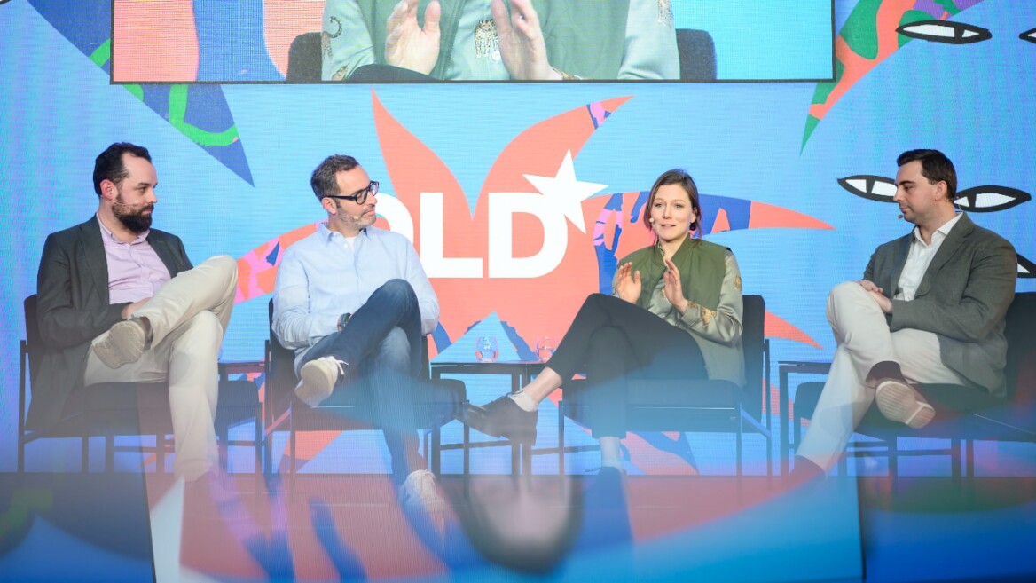 Gil Horsky (FLORA Ventures), Christian Spier (Differential Bio), Roman Werner (Venture Lab Food-Agro-Biotech, Technical University Munich), Marie Ammann (BayWa) on stage at the DLD Munich Conference 2026. Photo: Philipp Guelland for DLD / Hubert Burda Media