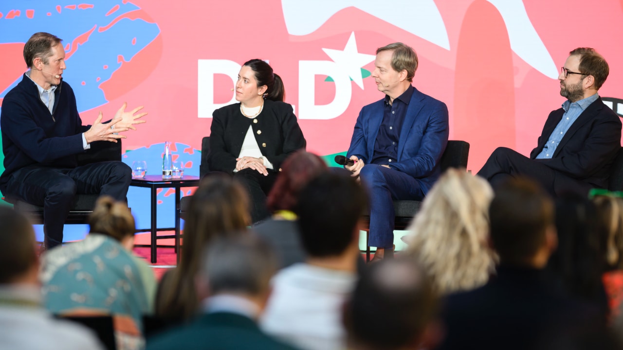 Henry Blodget (Regenerator), Florencia Schiavon (Sifted), Almar Latour (Dow Jones), and Gordon Saft (Rest of World) speaking at the DLD Munich Conference 2026. Photo: Philipp Guelland for DLD / Hubert Burda Media