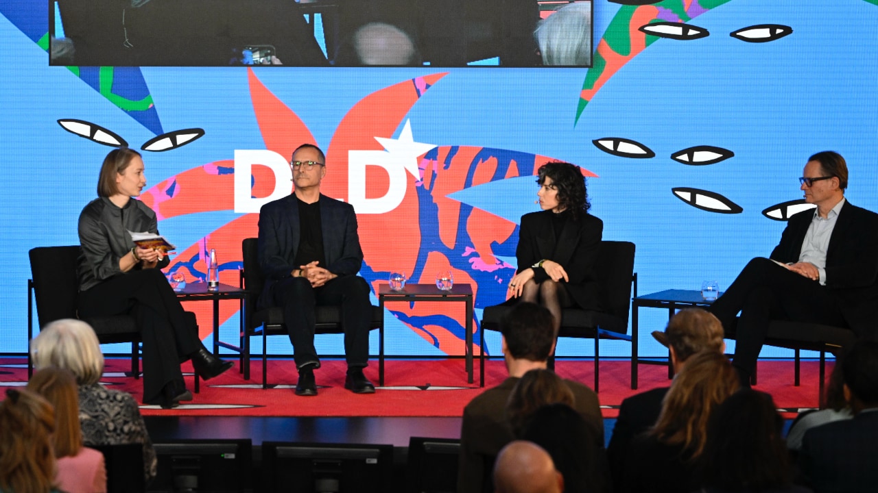 Left to right: Sibylle Anderl (DIE ZEIT), Bradley Horowitz (Wisdom Ventures), Meredith Whittaker (Signal Foundation) and Edward Harcourt (University of Oxford) speaking at the DLD Munich 2026 conference. Photo: Sebastian Gabriel / picture alliance for DLD / Hubert Burda Media