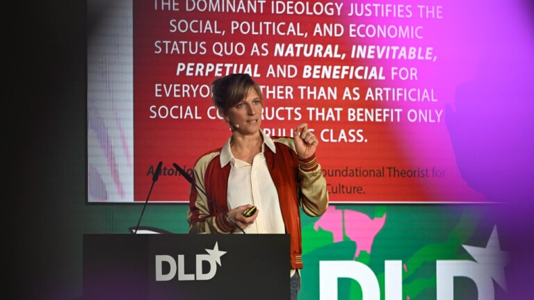 Transformation scholar Maja G&ouml;pel speaking at the DLD Munich Conference 2026. Photo: Sebastian Gabriel / picture alliance for DLD / Hubert Burda Media