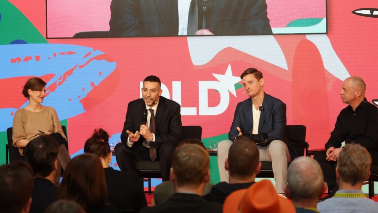 Left to right: Jennifer Wilton (Journalist), Lorenzo Masia (Technical University of Munich (TUM)), Ryan Alicea (Powered Orthotics) and Alexander Gerfer (W&uuml;rth Elektronik) on stage at the DLD Munich Conference 2026. Photo: Karl-Josef Hildenbrand / picture alliance for DLD / Hubert Burda Media