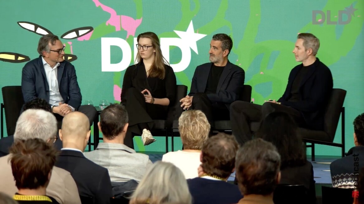 Christian Teichmann (Hubert Burda Media), Julie B&ouml;hning (PAVE Space) and Bulent Altan and Joram Voelklein, co-founders of Alpine Space Ventures, speak at the DLD Munich 2026 conference.