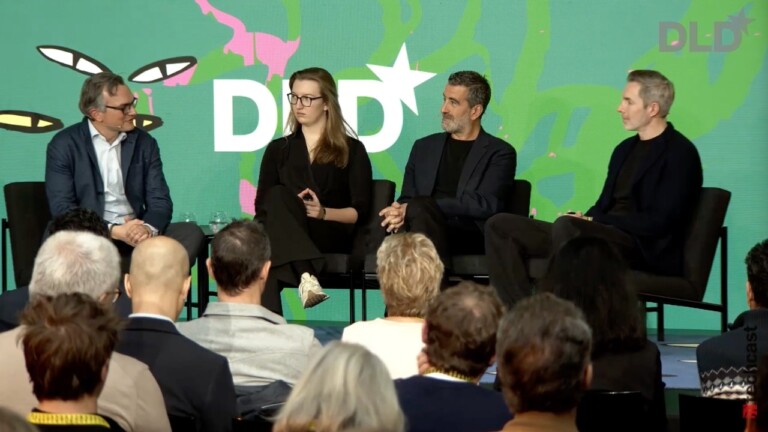 Christian Teichmann (Hubert Burda Media), Julie B&ouml;hning (PAVE Space) and Bulent Altan and Joram Voelklein, co-founders of Alpine Space Ventures, speak at the DLD Munich 2026 conference.