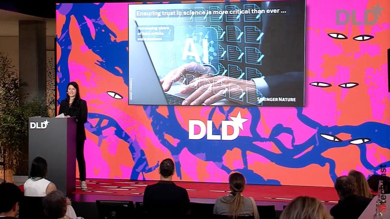 Video preview of Saskia Steinacker (Springer Nature) speaking at the DLD Munich 2026 conference.