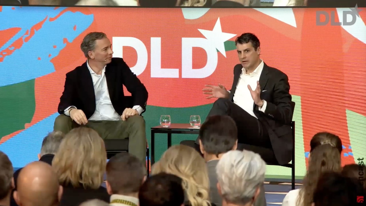 Video preview of Matthias Voelkel (Börse Stuttgart Group) and Marc Al-Hames (Hubert Burda Media) discussing crypto currencies at DLD Munich 2026