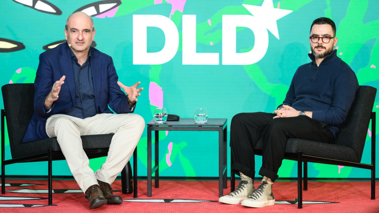 Artavazd Yeritsyan (Podcastle) and Yervand Sarkisyan (Deep TechX) speaking at the DLD Munich Conference 2026. Photo: Philipp Guelland for DLD / Hubert Burda Media