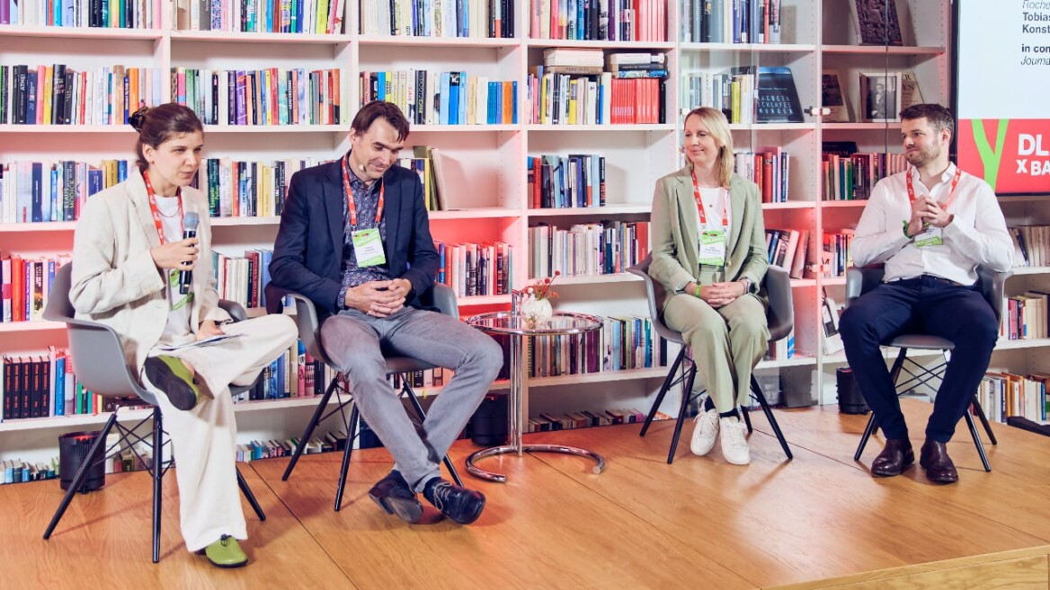 Anna Bauer-Mehren (Roche Diagnostics/Bavarian AI Council), Tobias Heimann (Siemens Healthineers), Konstantin Hemker (OpenAI) in conversation with Janne Knoedler (Journalist & Podcast Host) at the DLD Health x BAIOSPHERE conference in Munich, June 12, 2026, Photo: Dominik Gigler for DLD / Hubert Burda Media