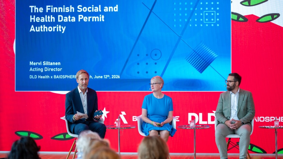Bjoern Eskofier (Ludwig-Maximilians-University Munich, LMU), Mervi Siltanen (FinData) and Guillaume Wendt (Norvatis Germany) speak at the DLD Health x BAIOSPHERE conference in Munich, on June 12, 2026. Photo: Philipp Guelland for DLD / Burda