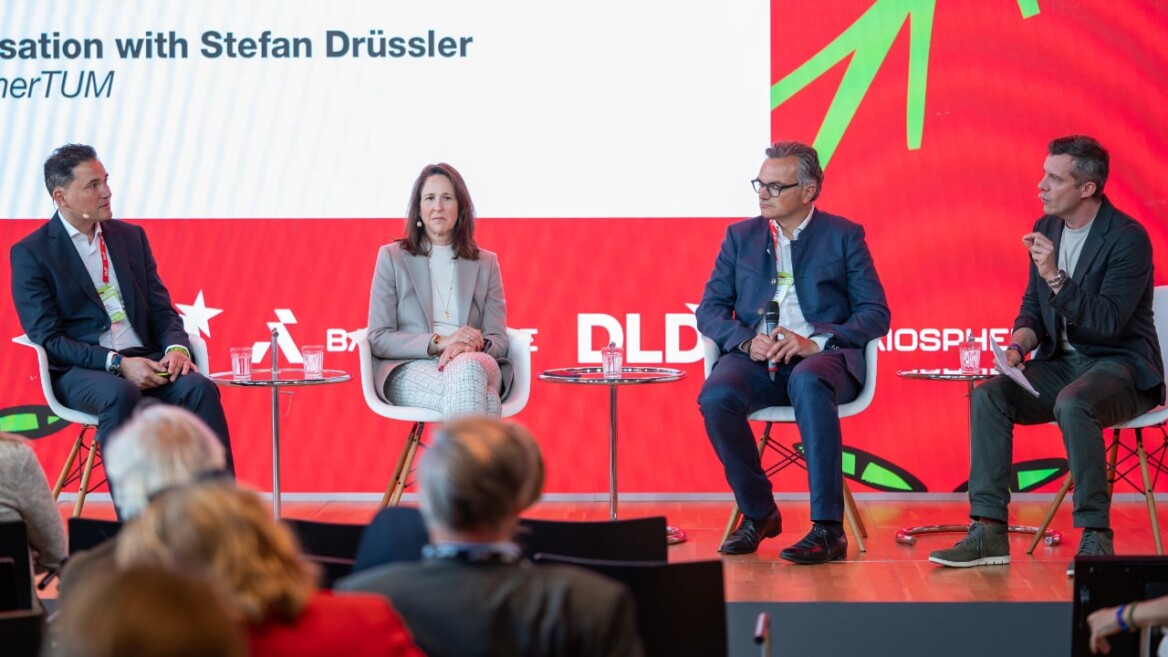 Surjo R. Soekadar (Charit&eacute; Berlin), Marion Bayer‑Schiller (HypoVereinsbank), Christian Teichmann (Hubert Burda Media) and Stefan Dr&uuml;ssler (UnternehmerTUM) speak at the DLD Health x BAIOSPHERE conference in Munich, June 12, 2026. Photo: Philipp Guelland for DLD / Burda