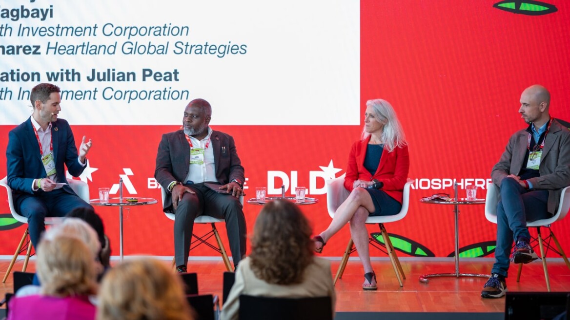 Julian Peat (Catalytic Health Investment Platform), John Amuasi (Kwame Nkrumah University of Science & Technology), Susan Monarez (Heartland Global Strategies), and Adrian Dincsoy (KfW) speak at the DLD Health x BAIOSPHERE conference in Munich, June 12, 2026. Photo: Philipp Guelland for DLD / Burda