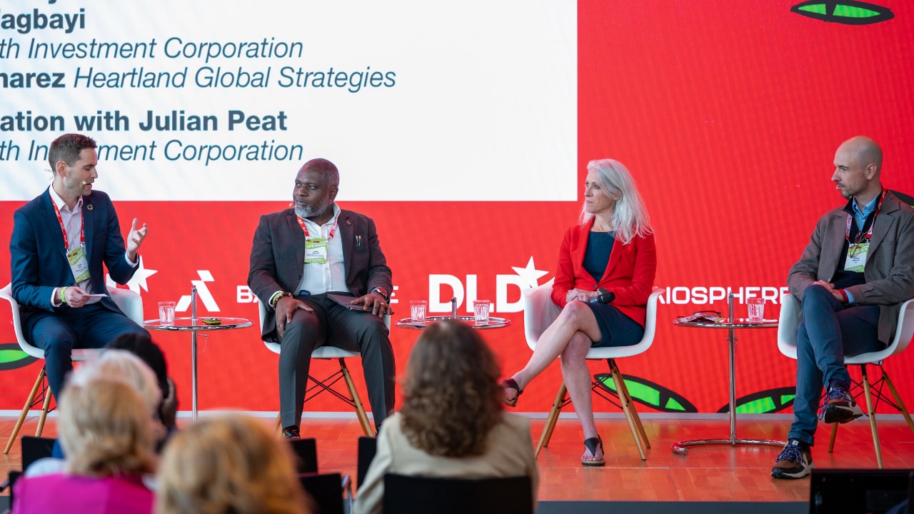Julian Peat (Catalytic Health Investment Platform), John Amuasi (Kwame Nkrumah University of Science & Technology), Susan Monarez (Heartland Global Strategies), and Adrian Dincsoy (KfW) speak at the DLD Health x BAIOSPHERE conference in Munich, June 12, 2026. Photo: Philipp Guelland for DLD / Burda