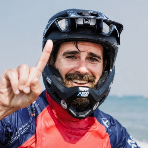 Portrait of eFoiling champion Justin Chait, wearing a helmet, raising his right hand in victory and smiling
