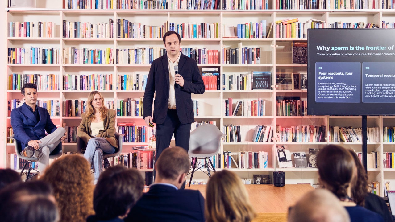 Lara Daniel and Avery Haskell (both Seedbox Labs) and Hadi Shafiee (Harvard Medical School/Seedbox Labs) speak at the DLD Health x BAIOSPHERE conference in Munich, Literaturhaus, June 12, 2026. Photo: Dominik Gigler for DLD / Hubert Burda Media
