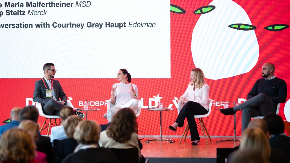 Left to right: Karl Stubbe, Executive Director and Head of Health Germany at Edelman; Ariane Maria Malfertheiner, Director Communications MSD Germany; Courtney Gray Haupt, Global Health Chair & Global Client Lead of Edelman; and Philipp Steitz, Merck Healthcare, speaking at the DLD Health x BAIOSPHERE conference in Munich on June 12, 2026. Photo: Philipp Guelland for DLD / Burd