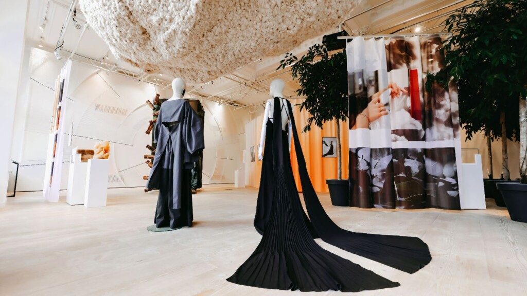 An exhibition at the Fashion for Good museum in Amsterdam shows mannequins wearing dresses made of organic materials