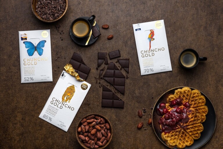Award-winning chocolate by Peru Puro, several bars lying on a table.
