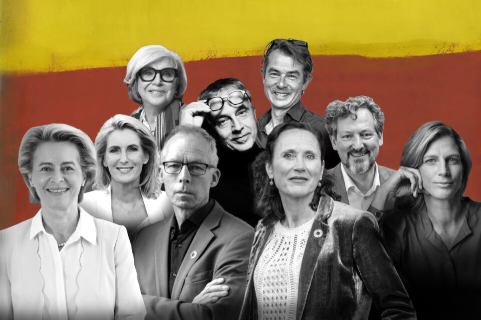 DLD Nature conference photo illustration with speakers Ursula v.d. Leyen, Maria Furtwängler, Steffi Czerny, Johan Rockström, Stefano Boeri, Martin Stuchtey, Sandrine Dixson-Declève, Eckart v. Hirschhausen and Maja Göpel (left to right).