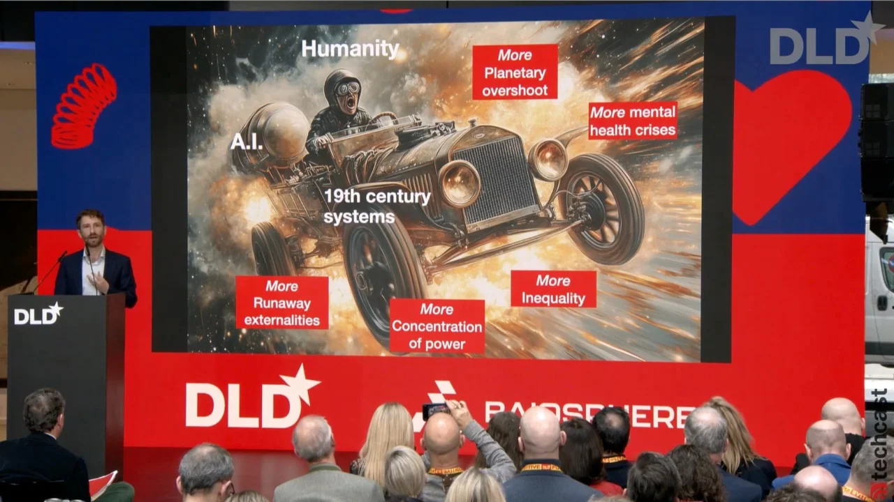 Video preview showing Tristan Harris, co-founder of the Center for Humane Technology, speaking at the DLD Munich 2025 conference about the “AI Dilemma”. An image behind him on stage shows a car with a rocket engine, symbolizing the need for upgrading society to better steer AI.