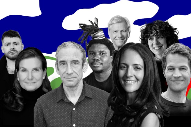 Collage showing DLD Future Hub 2025 conference speakers in front a the blue, green and white pattern