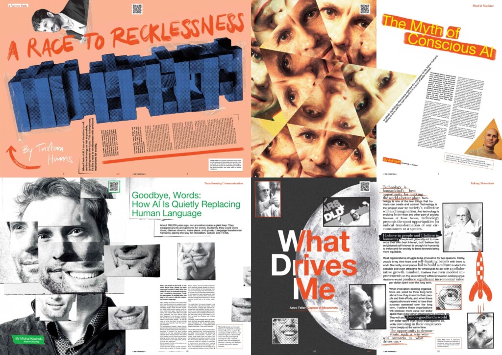 Collage showing essays by Tristan Harris, Anil Seth, Michal Kosinski, and Astro Teller in the DLD magazine The Promptah.