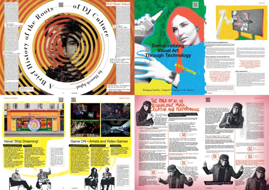 Collage showing articles from the DLD magazine The Promptah covering culture, with articles by and about Nile Rodgers, Haseeb Iqbal, Hans Ulrich Obrist, and Chloe Ryan