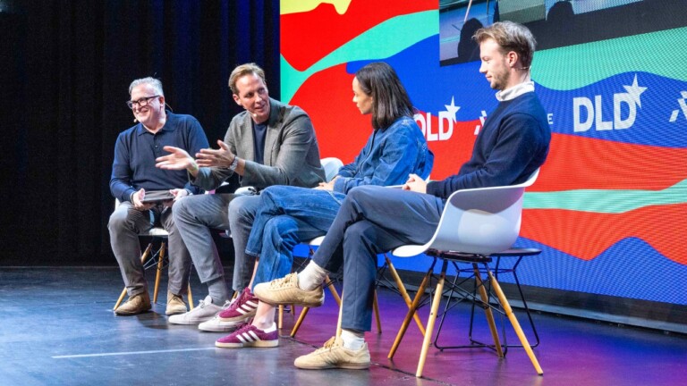Christian Kirschniak (Boston Consulting Group), Johannes Rath (SIGNAL IDUNA), Judith Dada (Visionaries Club) and Lennard Schmidt (Langdock) on stage at the DLD Future Hub conference in Munich.