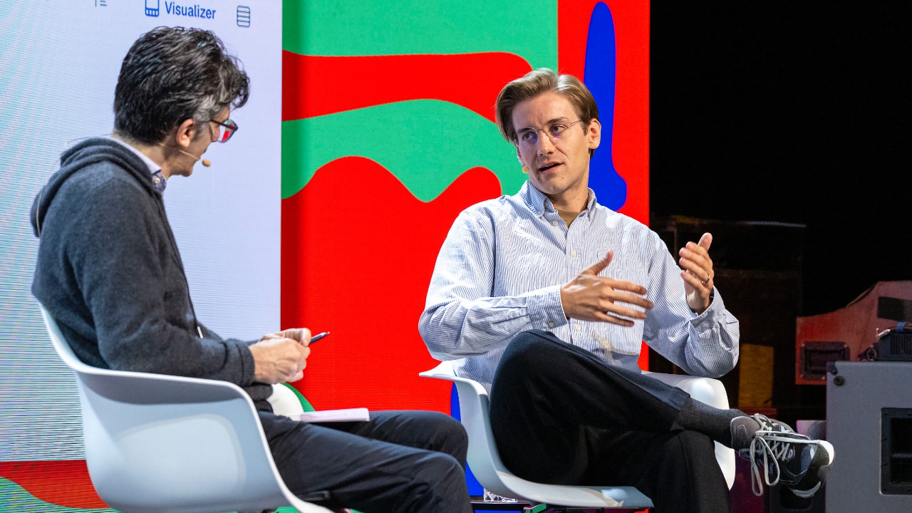 Kevin Slavin (Have Flag), left, and Simon Kohl (Latent Labs) on stage at the DLD Future Hub conference in Munich.