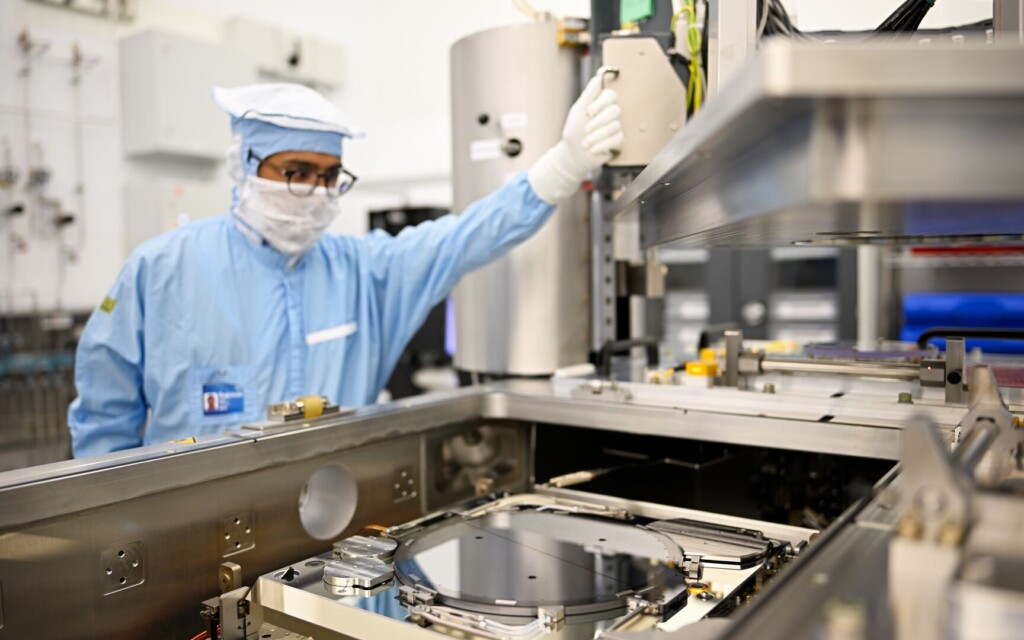 A worker inside a cleanroom at semiconductor firm ASML in The Netherlands.