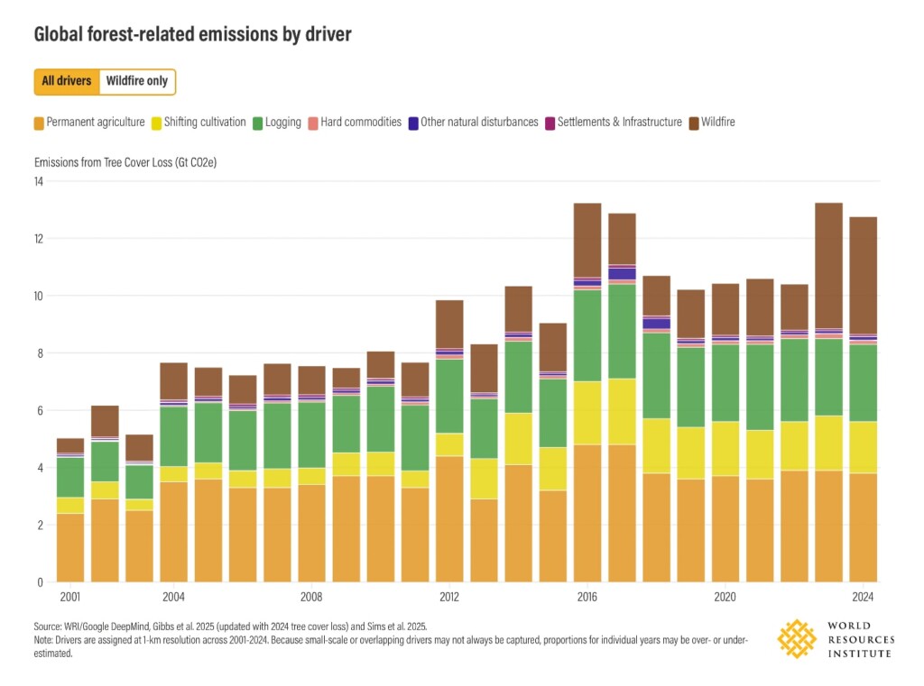 WRI chart showing “Global forest-related emissions by driver” rising from roughly 5 gigatons CO2e to more than 12 gigatons in 2024. Wildfires and agriculture are the biggest contributors.