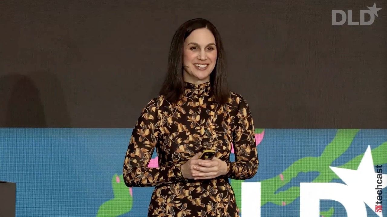 Margot Edelman on stage at DLD Munich 2026, presenting findings from a recent study about trust in Artificial Intelligence. (Video preview.)