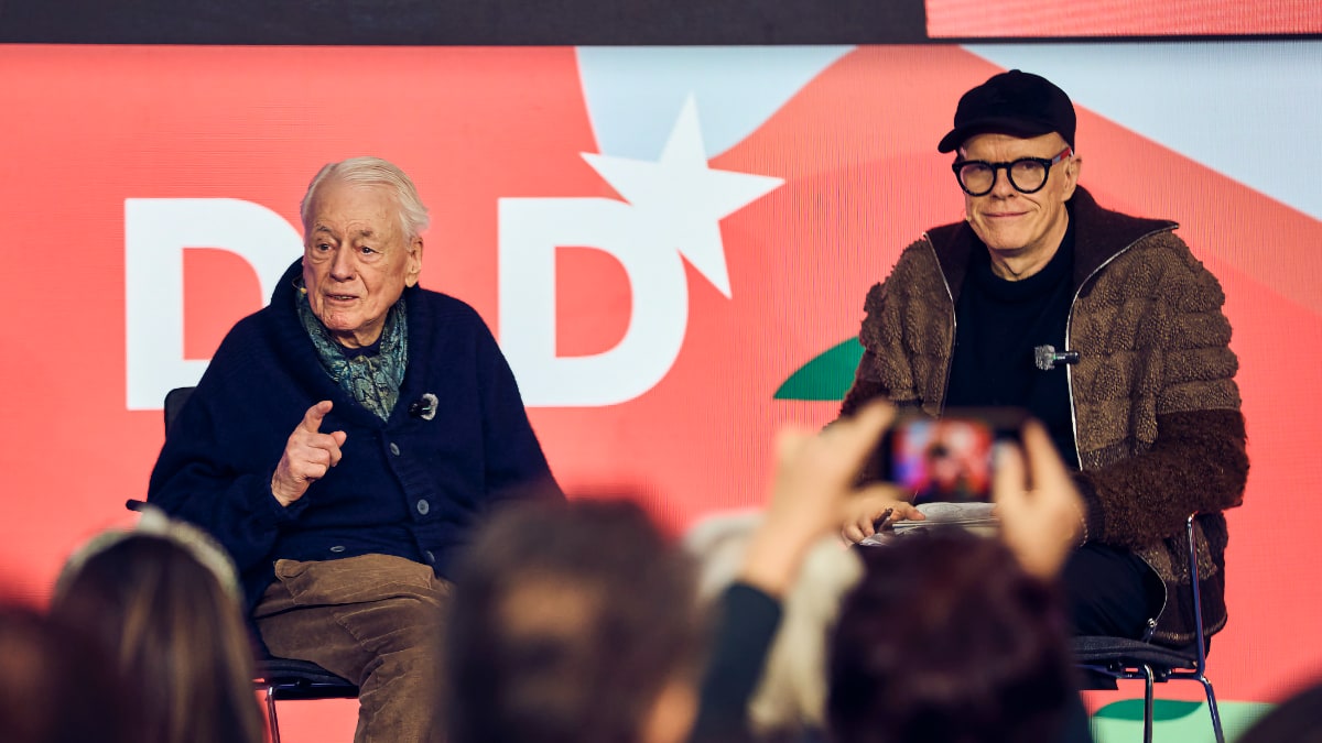 Author and filmmaker Alexander Kluge in conversation with Hans Ulrich Obrist (Artistic Director of the Serpentine Galleries, London) at the DLD Munich 2026 conference. Credit: Dominik Gigler for DLD / Hubert Burda Media