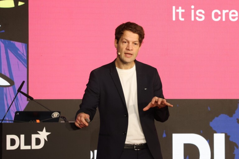 Fabian Theis, Helmholtz Munich, on stage at the DLD Munich 2026 conference. Photo credit: Karl-Josef Hildenbrand / picture alliance for DLD / Hubert Burda Media