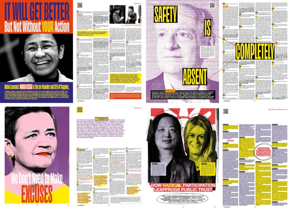 Preview of Promptah articles featuring Maria Ressa, Stuart Russell, Margrethe Vestager, Audrey Tang and Zarah Bruhn